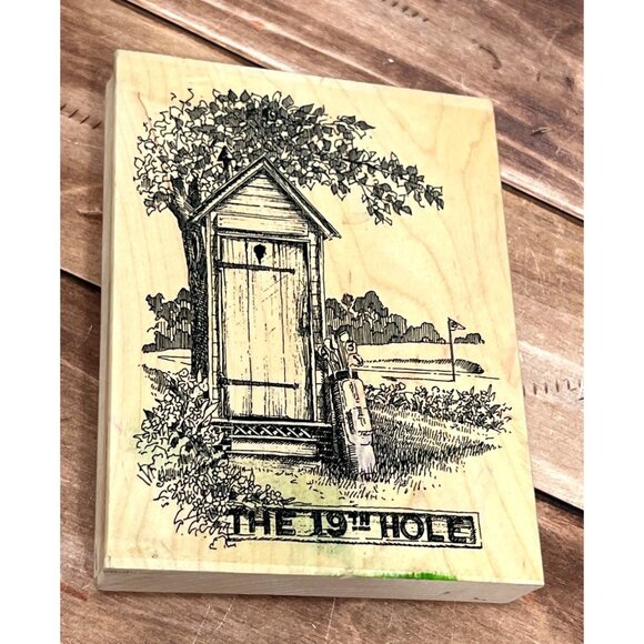 IMPRESSION OBSESSION K1034 19TH HOLE WOOD MOUNTED RUBBER STAMP GOLF OUTHOUSE - Picture 1 of 6